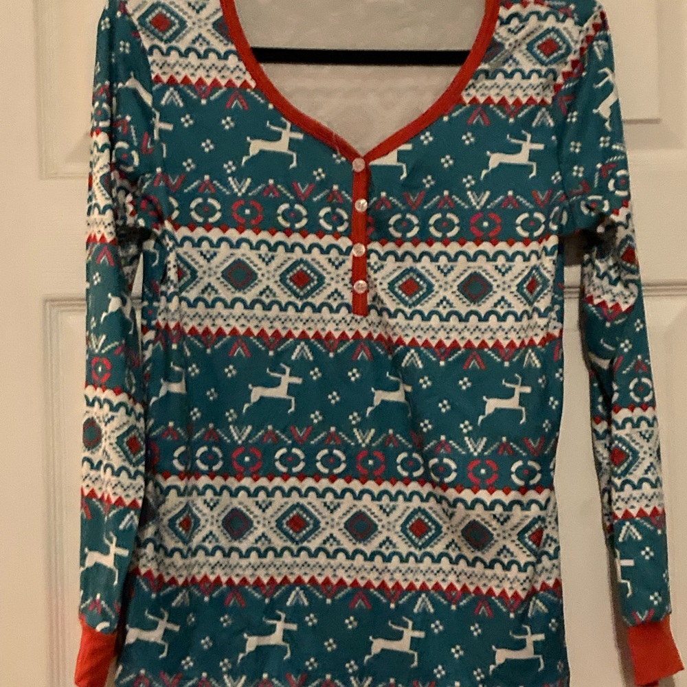 Festive Teal and Red Reindeer Print Pajama Set